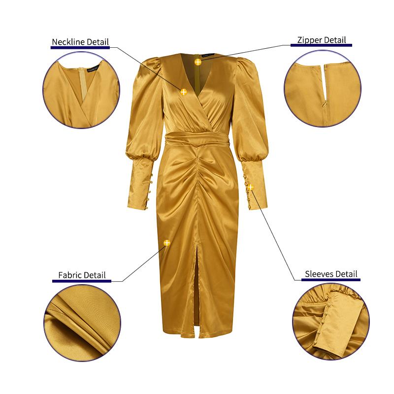 Celmia Elegant Puff Sleeve Party Dress 2022 Women Slit Hem Stain Vestidos Robe Solid V Neck Pleated Bodycon Sundress Plus Size