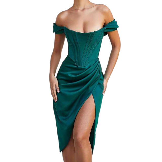 Women's Sexy Off Shoulder Split Corset Satin Dress Strapless Ruched Bodycon Midi Dress Nightclub Wedding Cocktail Party Wear