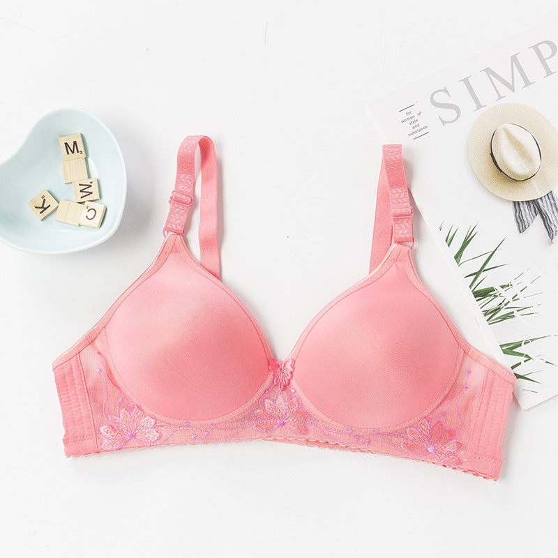 Plus Size Women's Solid Color Lace Flower Bras Gathering No Steel Rings Comfortable Thin Underwear