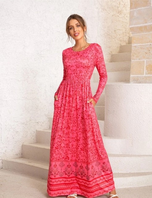 فستان 2022 خريف وشتاء جديد فستان مطبوع بأكمام طويلة وتنورة طويلة 