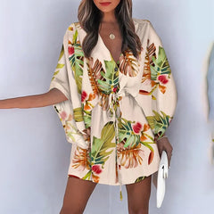 Fashion Batwing Sleeve Print Lace Up Mini Dress for Women Sexy V-Neck Casual Loose Boho Holiday Short Dresses Woman 2022 Summer