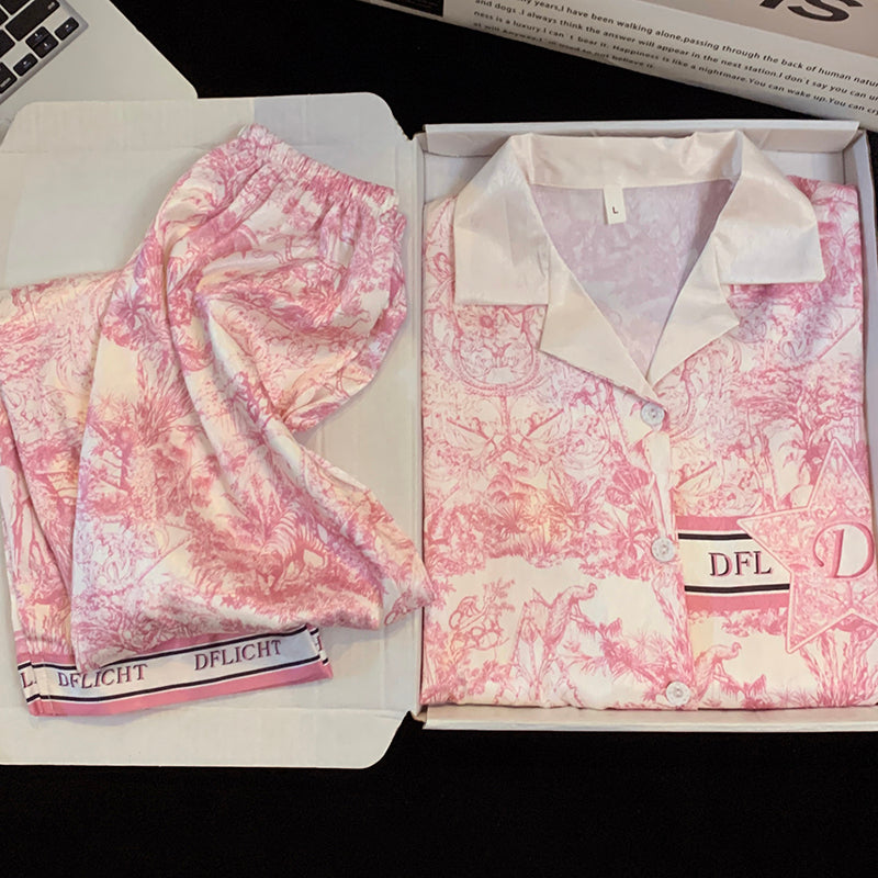 Spring and autumn pajamas women's ice silk lapel cardigan long-sleeved trousers sweet and cute girl home service suit