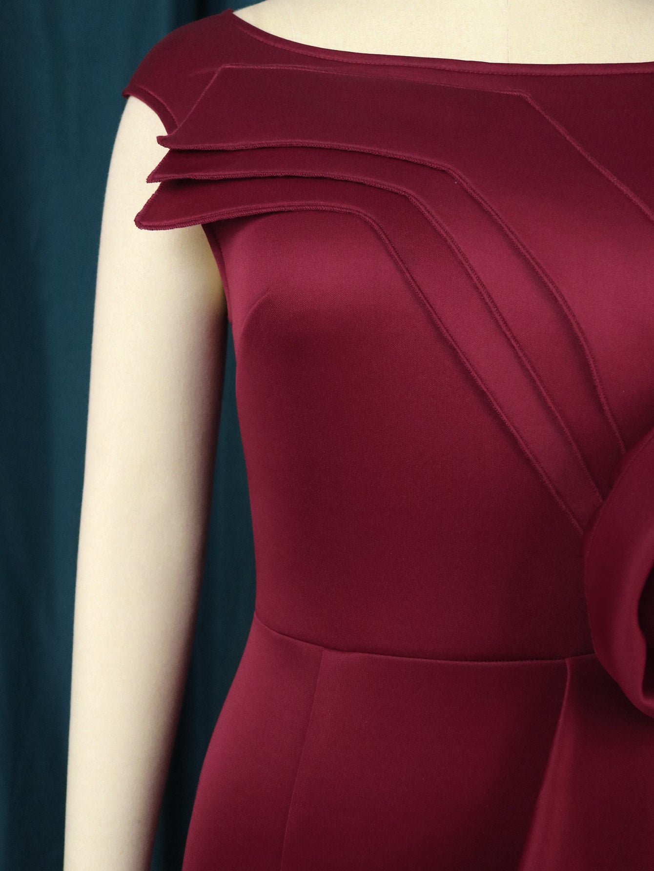 AOMEI Party Evening Dress Women Burgundy Midi O Neck Sleeveless Flower Ruffles High Waist Bodycon Wedding Cocktail Event Gowns