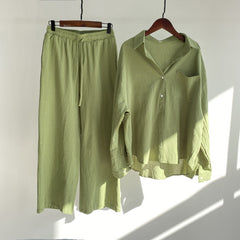 European and American cotton linen shirt high waist loose trousers suit