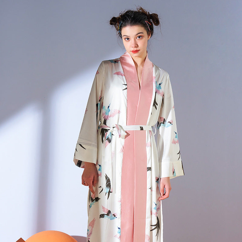 Spring and autumn new antique Hanfu pajamas ladies mid-length re-crane nightgown ice silk home service