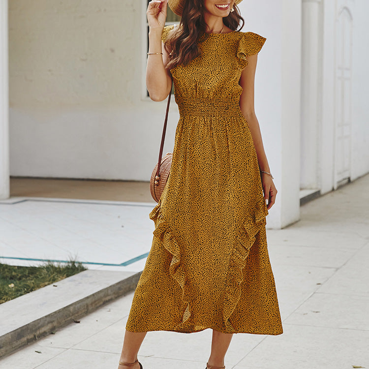 فستان صيفي نسائي أنيق ماكسي فستان موضة دوت طباعة رقبة دائرية مكشكشة كم قصير فستان الشمس فستان طويل رداء بوهو فستان الحفلات والنوادي ملابس الشاطئ 