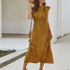 فستان صيفي نسائي أنيق ماكسي فستان موضة دوت طباعة رقبة دائرية مكشكشة كم قصير فستان الشمس فستان طويل رداء بوهو فستان الحفلات والنوادي ملابس الشاطئ 