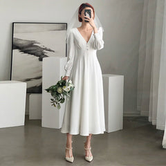 French light wedding dress new autumn long-sleeved  temperament catwalk evening dress photo studio photography dress travel photo light wedding d