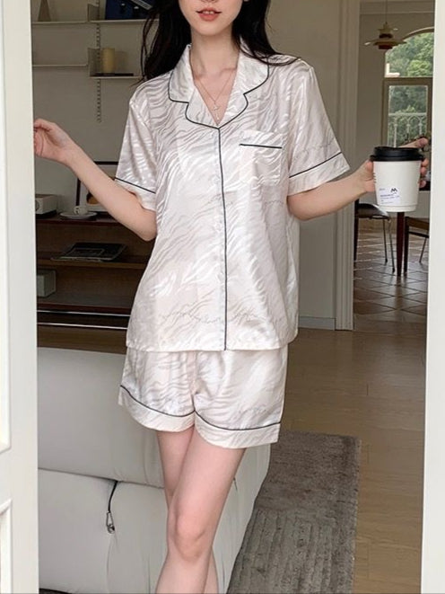 بيجامة جاكار وطباعة رقمية للسيدات صيفية من الحرير الجليدي بقسم رفيع - شورت قصير الأكمام ذو قيمة 