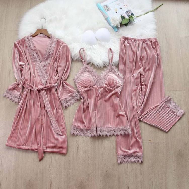 Queenral 3pcs Gold Velvet Pajamas Set For Women Warm Pyjama Lace Pajamas Winter Sleepwear Nightdress Homewear Pijamas