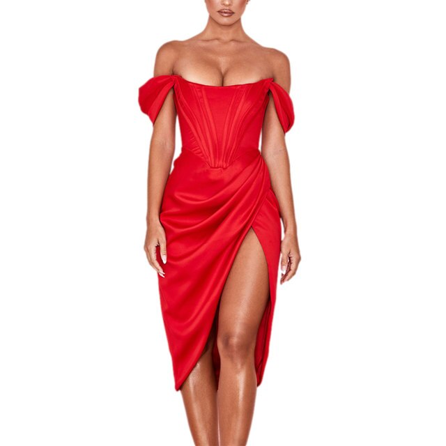 Women's Sexy Off Shoulder Split Corset Satin Dress Strapless Ruched Bodycon Midi Dress Nightclub Wedding Cocktail Party Wear