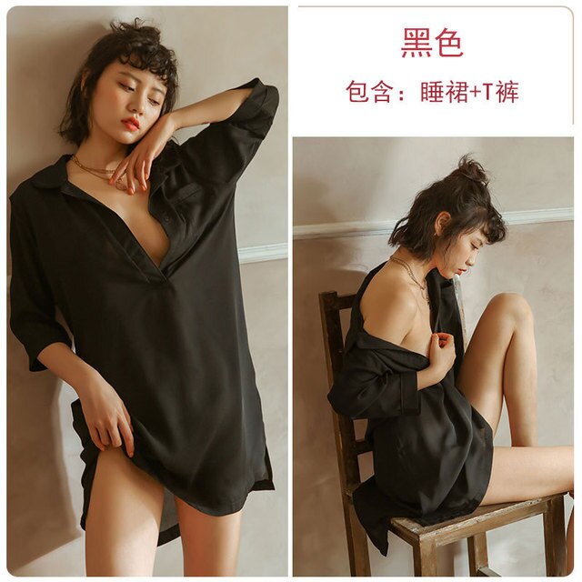 Chiffon Nighty Women's Sexy Nightgown Half Sleeves Deep V Boyfriend Shirt Femme Nightdress Thong Set Home Dress Thin Sleepwear