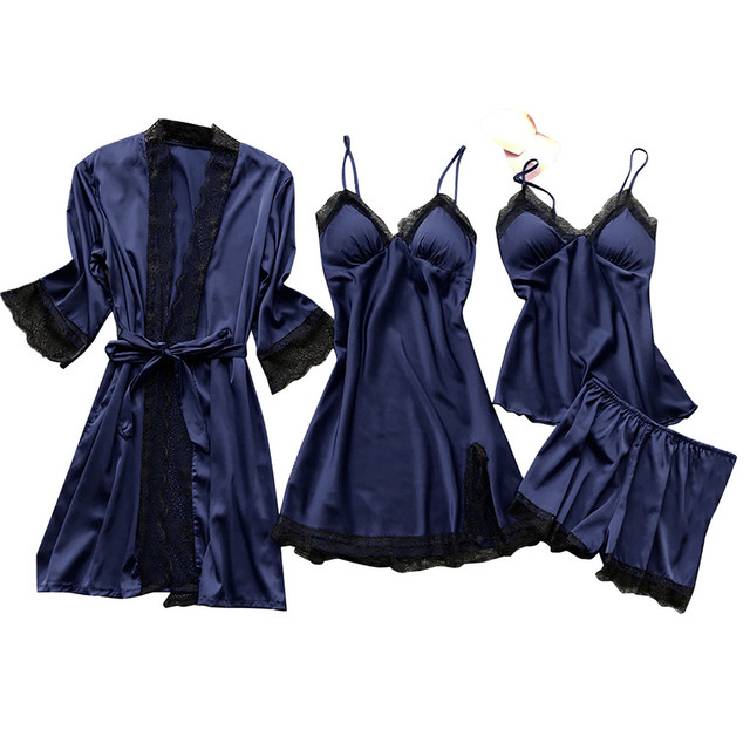 Lace Up Lingerie Pajamas Set Nightdress Women Long Silk Dressing Gown Bath Robe Sleep Wear Four piece Suit Sleepwear