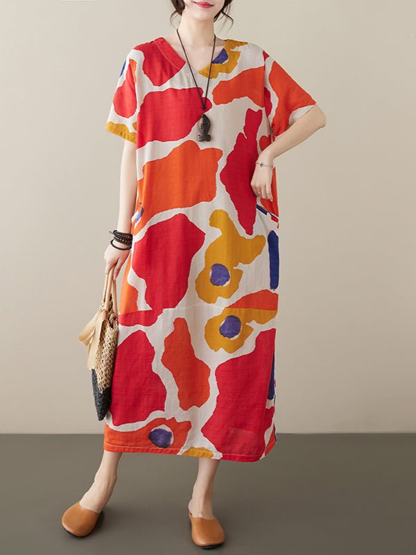 Women's summer new cotton and linen printed short-sleeved dress retro style age-reducing large size pullover V-neck mid-length skirt