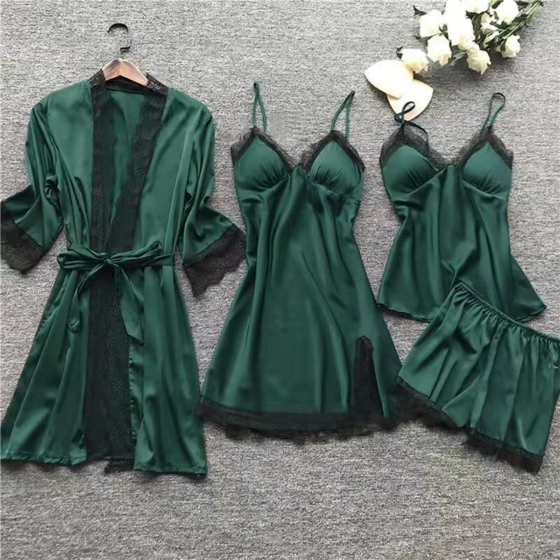 Large size four-piece set with chest pad sexy suspenders home lace pajamas