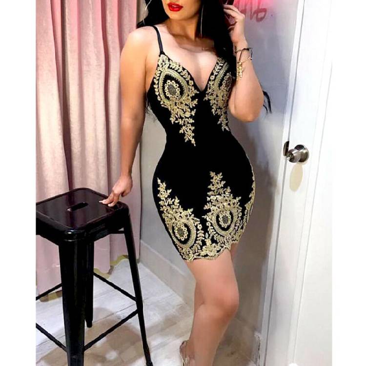 Women's Slim Print Fashion Sling Spaghetti Bodycon Lace Strappy Ladies Evening Party Mini Short Dress Size S XL V Neck