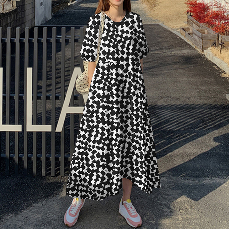 ZANZEA ladies Japanese and Korean style temperament leopard print ladies long skirt round neck bubble half sleeve and ankle skirt fashion trend elegant literary skirt loose spring and autumn daily leisure vacation style long dress large size