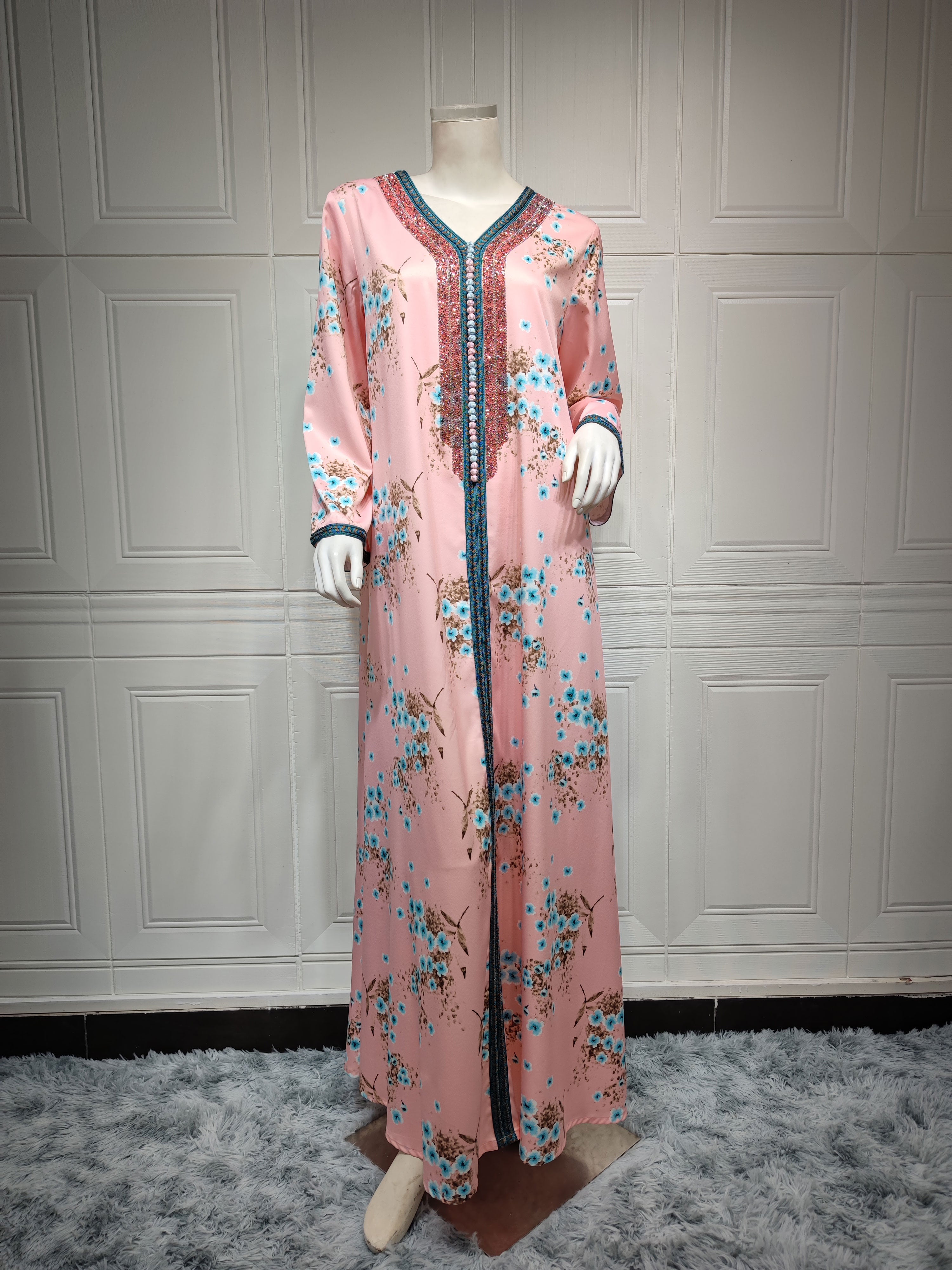 Sweet Pink Floral Maxi Long Dress for Women Ethnic Diamond Ribbon V Neck Middle East Muslim Jalabiya Autumn 2021 New Abaya Eid