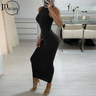 Inwoman مضلع محبوك الصيف أسود أبيض فستان ماكسي المرأة 2021 حفلة Bodycon فستان طويل فستان الشمس السيدات براون التفاف فساتين 