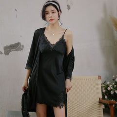 Ladies Sexy Two-Piece Pajamas Without Tie Sling Chest Pad Set Lace Beautiful Generous Pajamas Homewear Women Sleepwear Suspender skirt Nightgown Robe