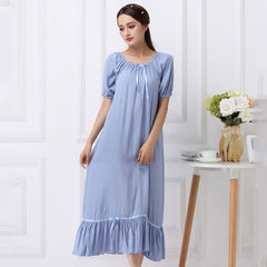 Summer Cotton Nightdress Women Korea Style Elastic Collar Short Sleeve  Long Dresses Nightgown Sleepwear Homewear Female