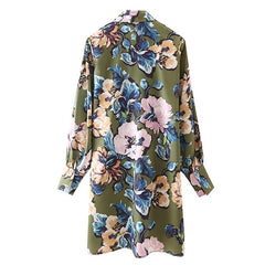 المرأة بوهو نمط الأزهار طباعة فستان قصير عادية بدوره إلى أسفل طوق فانوس فستان بكم طويل الإناث الجانب القوس تعادل فساتين 