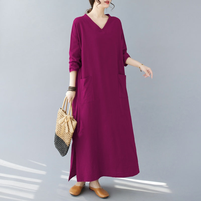 Plus-size women's clothing 2023 new fat MM retro cotton and linen V-neck plus fertilizer and enlarged  long-sleeved dress