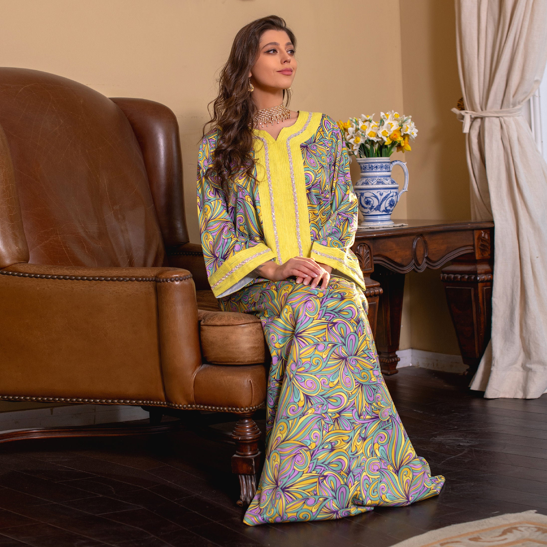 Middle East New Hand  Print Jalabiya Diamond  Robe Arabian Kaftan Saudi Dubai