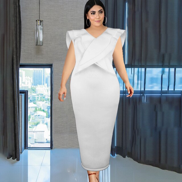 Sexy V Neck Sleeveless Ruffles Package Hip Slim Bodycon Dress Evening Party Dress Women Elegant Orange White Long Maxi Dress