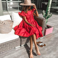 2023 New Summer Boho Dress Women Solid Color Short Sleeve Ruffle Midi Dress Women Casual Holly Beach Party Dress
