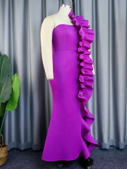 Women Maxi Party Dress One Shoulder Backless Purple Long Ruffles Bodycon Fishtail Evening Event Birthday Gowns African Clubwear