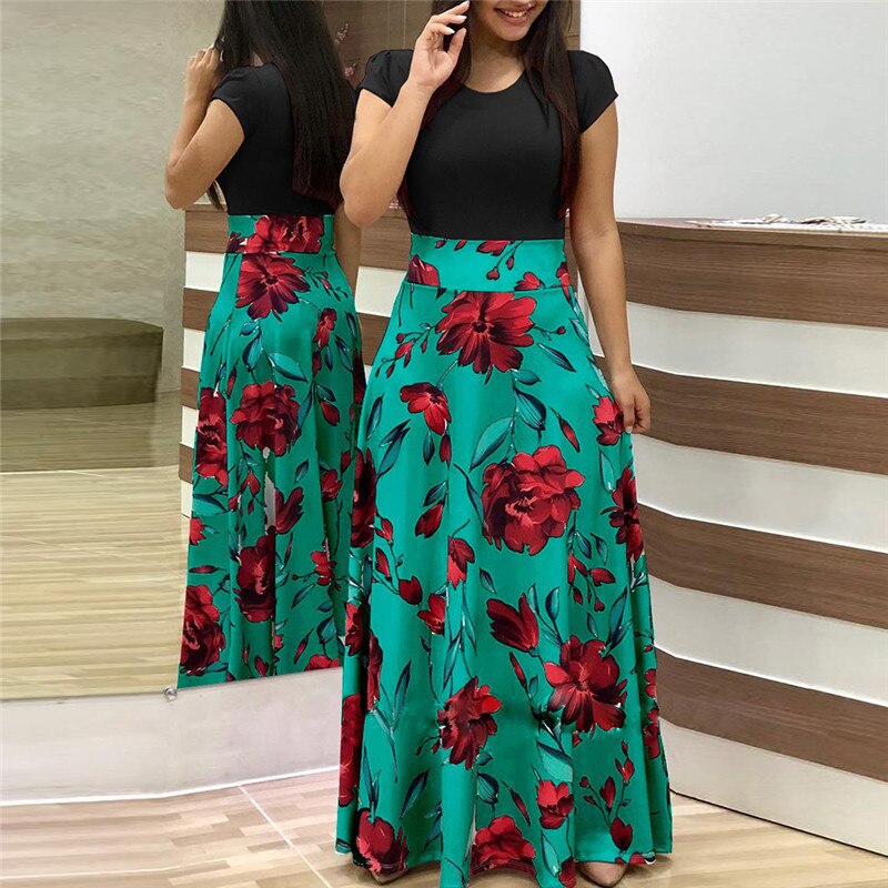 Floral Print Summer Boho Dress Women Casual Short Sleeve Patchwork Dress Ladies Elegant Party Dress Long Maxi Dresses Vestidos