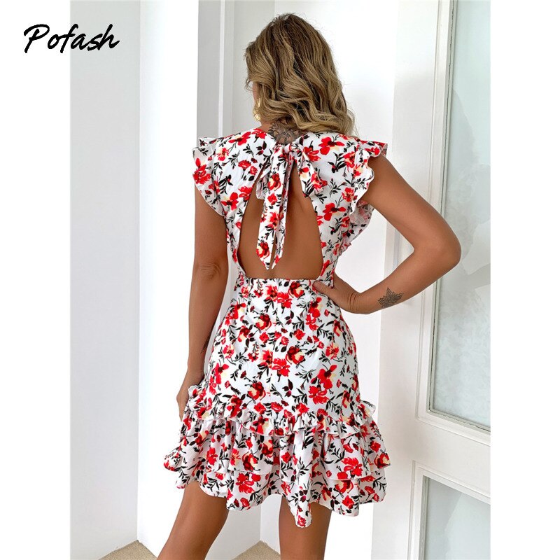 Pofash Bow Floral Print Summer Dress Women Deep V Neck Hollow Out Cascading Ruffle Mini Dresses Bodycon Dresses 2021 Vestidos