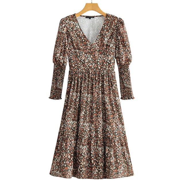 فساتين نسائية بوهو ستايل مطبوعة بالورود متوسطة الطول أنيقة بياقة على شكل V وأكمام طويلة فساتين على شكل حرف A للسيدات بخصر مطاطي Mujer 