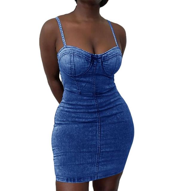 Women Sexy Solid Color Denim Dress Spaghetti Straps Waist Tight Bodycon Mini Dress