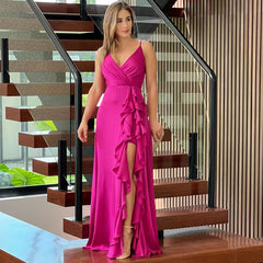 European and American women's clothing 2023 spring and summer new products sexy suspenders V-neck high waist ruffled irregular slit dress long skirt p