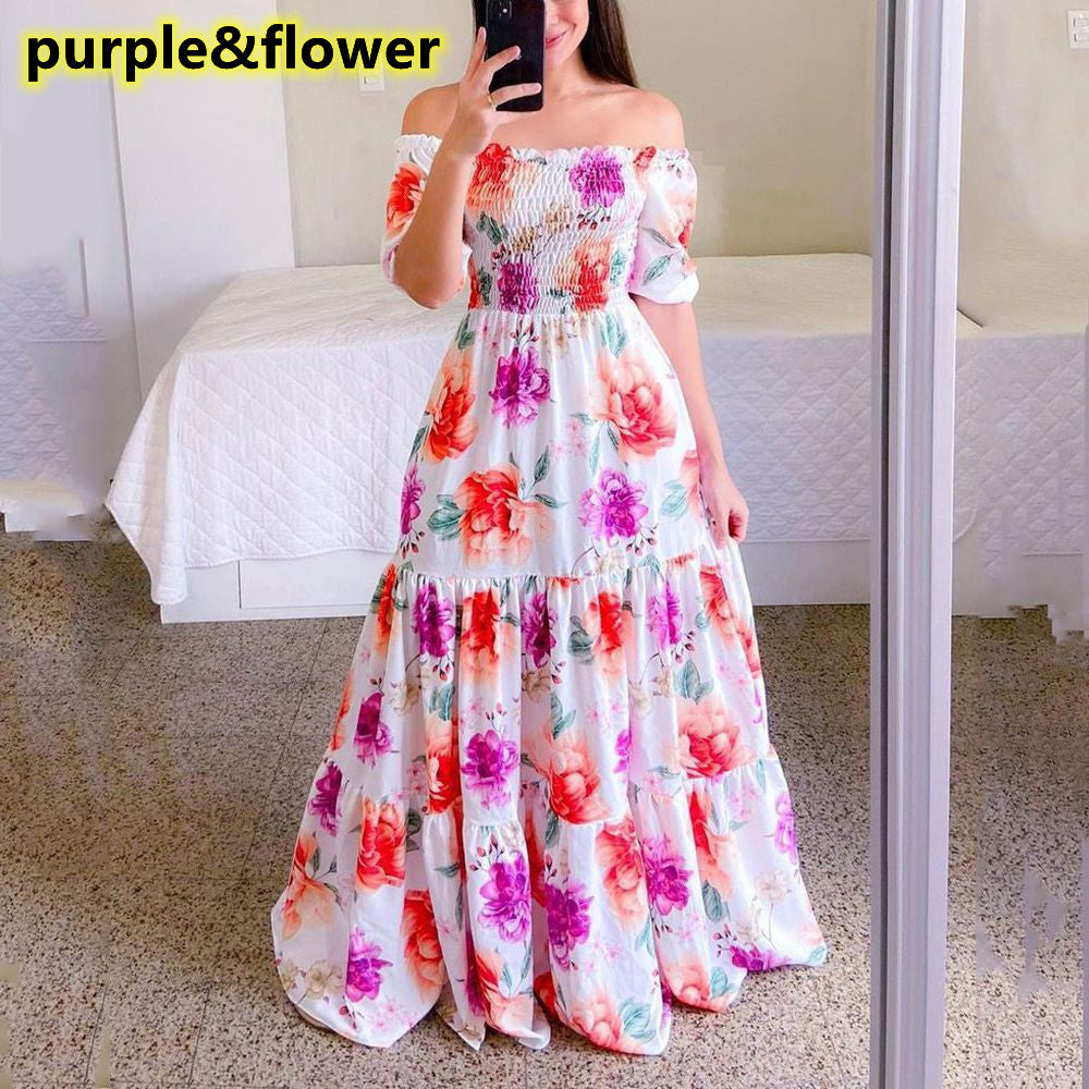 Women's Fashion Off Shoulder Dress Floral Print Long Dress Maxi Dresses Big  Dress Rochii Elegante Kleider Damen Elegant