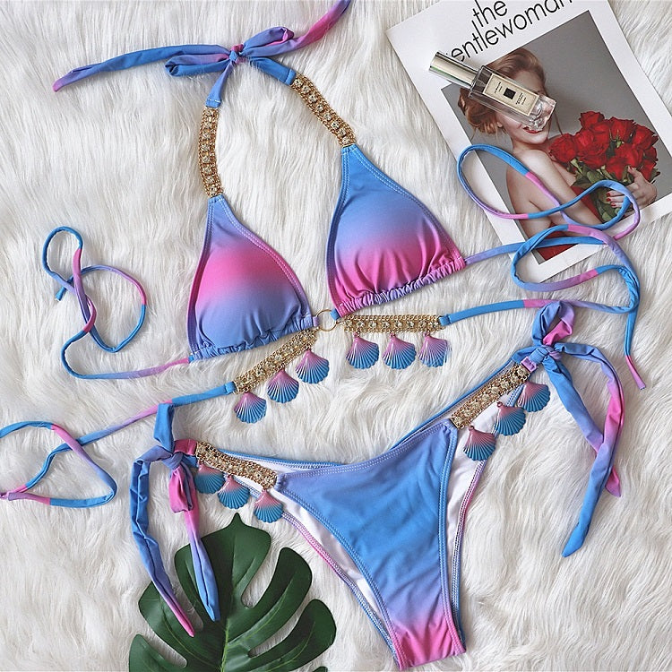 New Sexy Strap Gradient Print Female Split Swimsuit Luxury Crystal Diamond Bikini Shell Swimsuit