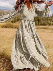 فستان صيفي بوهو نسائي للخريف مطبوع عليه زهور 2023 فستان طويل مكشكش فيستدو أنيق غير رسمي بأكمام منتفخة