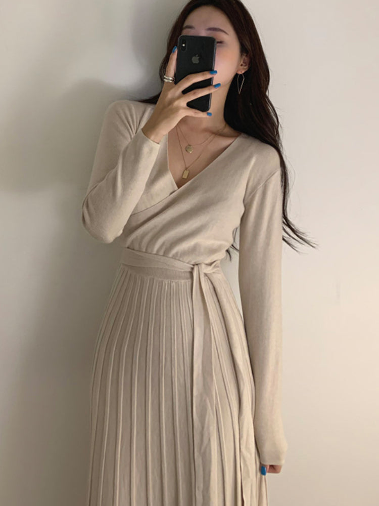 Stretchy Women Knitted Bodycon Pencil Dress New 2022 Autumn Winter Solid Vestidos Long Sleeve V Neck Slim Lady Chic Korean Dress