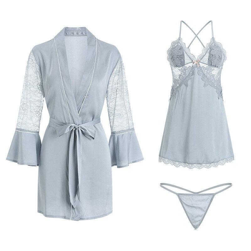 Women's Sexy Robe Nightgown Nightdress Thong Set Satin Lace Thin Skirt Femme V collar Charming Home clothing Bathrobe Sleepwear