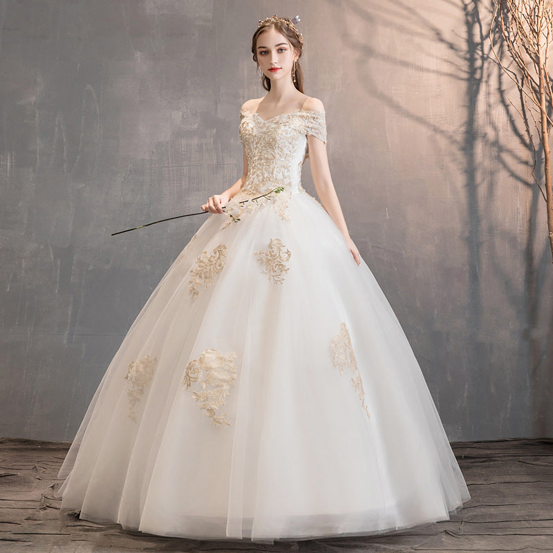 The new Hepburn one-shoulder French starry bride dream heavy industry trailing female forest