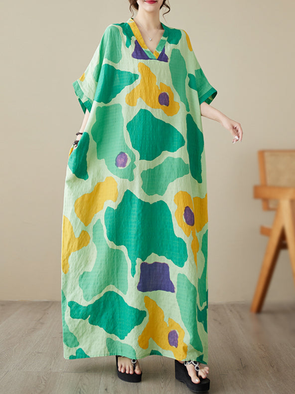 Women's Summer V-neck Thin Cotton Linen Dress Large Size  Literary Vacation Style Beach Skirt Retro Covering Meat Long Robe