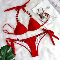 European and American sexy bikini plain color female split strap luxury diamond swimsuit metal chain accessories swimsuit