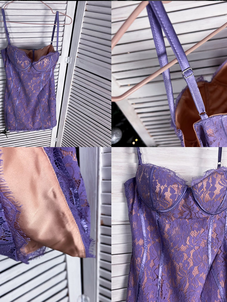 فستان حفلات ضيق للسيدات عالي الجودة من الدانتيل فستان أنيق أرجواني عتيق تنورة قصيرة بحمالات رفيعة فستان نادي مسائي وحفلة موسيقية