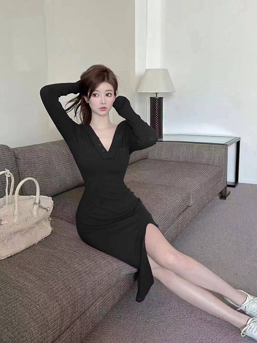 Spring and Autumn Chic Fashion Dress Y2K Skinny Long Sleeve Bodycon Hooded Dress Sexy Split Dress Casual Party