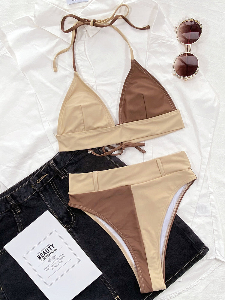 Two-piece swimsuit sexy swimsuit solid color stitching bikini