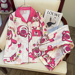 Spring and autumn long-sleeved pajamas female cardigan suit strawberry bear  milk silk home service