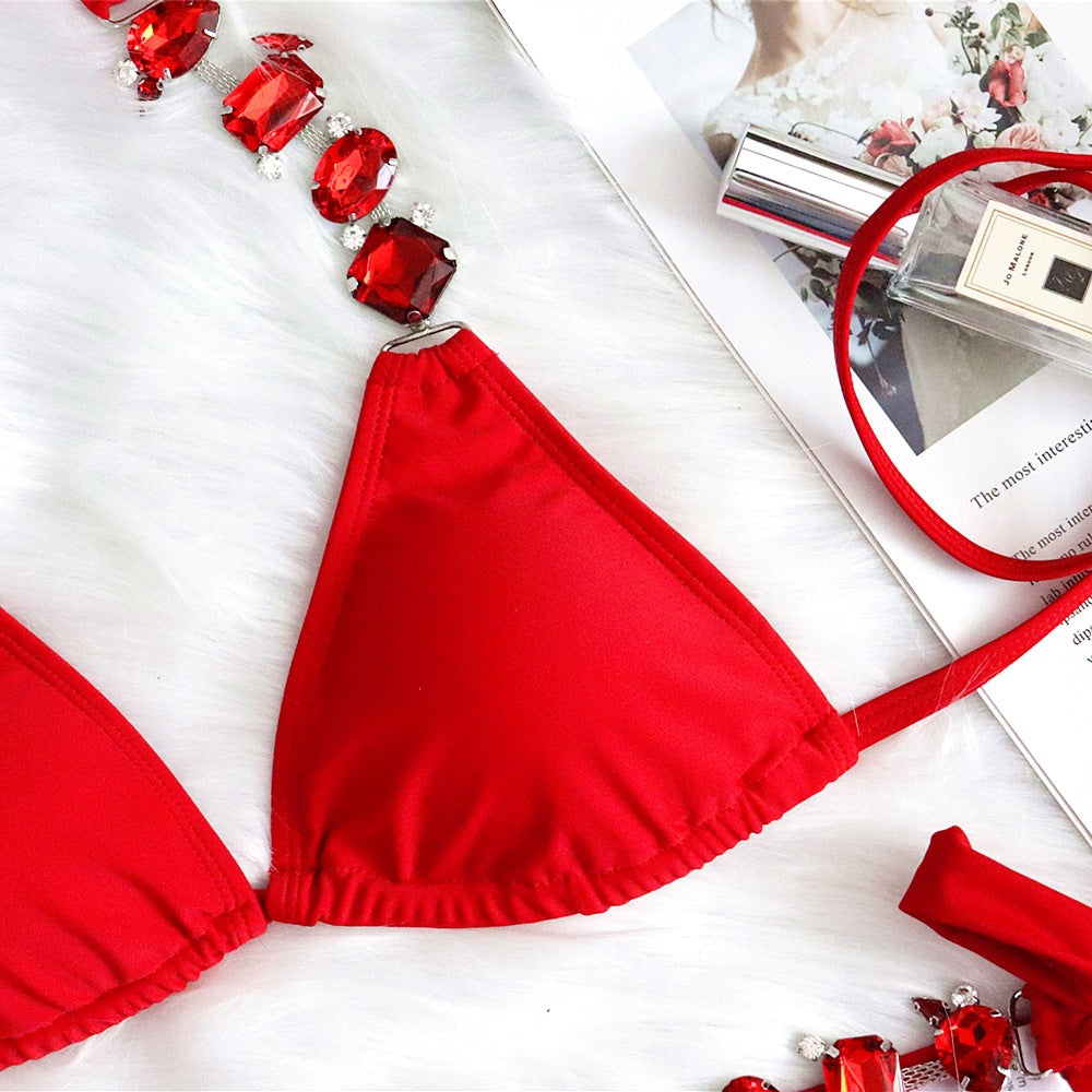 European and American sexy bikini plain color female split strap luxury diamond swimsuit metal chain accessories swimsuit