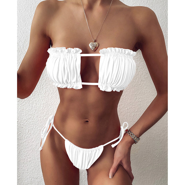 Sexy  2023 Pleated Bandeau Swimsuit Female Swimwear Women Mini Thong  Set Bather Swimming Beachwear for Bathing Suit
